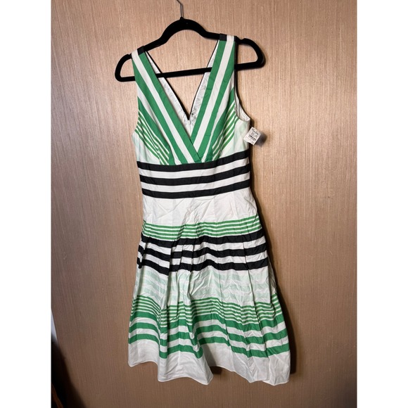 Kay Unger New York $315 NWT Striped Fit & Flare Dress Green White Black Neiman